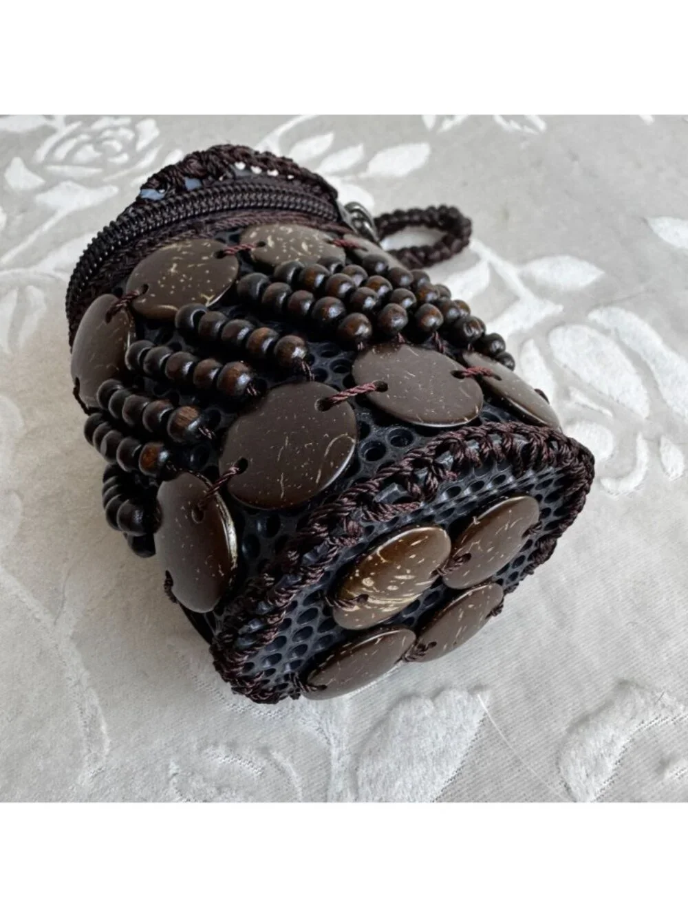 Ethnic Style Retro Handcrafted Coconut Shell & Bead Zipper Coin Pouch Boho Style - Picture 2 of 6